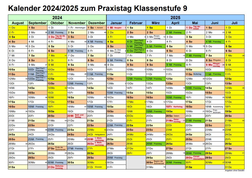 Kalender Praxistag Kl. 9